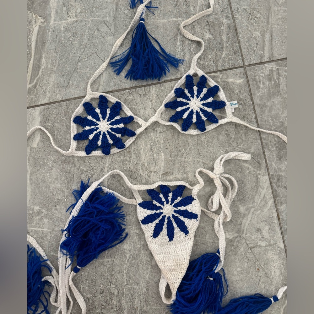 Hand-Crocheted Blue & White Floral Triangle Bikini